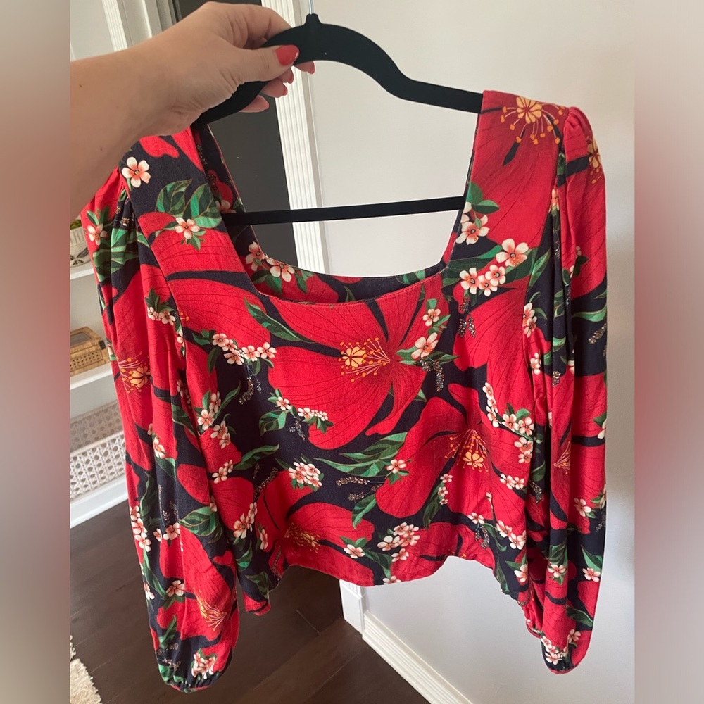 Farm Rio / Anthropologie navy and red floral blouse